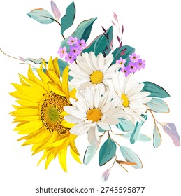 Beautiful vector bouquet of flowers. Summer flowers, vibrant plants. Sunflower bouquet