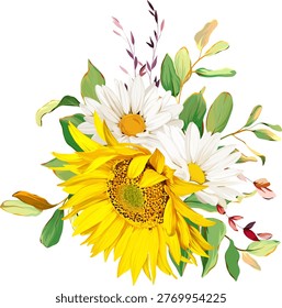 Beautiful vector bouquet of flowers. Summer flowers, vibrant plants. Sunflower bouquet