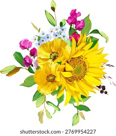 Beautiful vector bouquet of flowers. Summer flowers, vibrant plants. Sunflower bouquet
