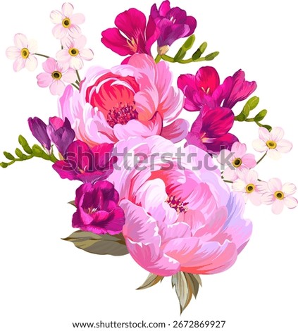 Beautiful vector bouquet of flowers. Summer and spring bright flowers. Blossom and flowers for decoration. Peony, freesia, forget-me-not