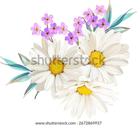 Beautiful vector bouquet of flowers. Summer and spring bright flowers. Blossom and flowers for decoration. Chamomile, forget-me-not