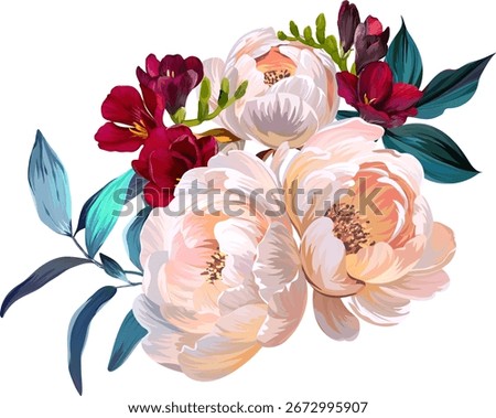 Beautiful vector bouquet of flowers. Summer peonies, red freesia, pink flowers.