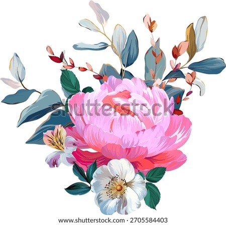 Beautiful vector bouquet flowers. Summer flower peony, forget-me-nots. Pink, bright flowers