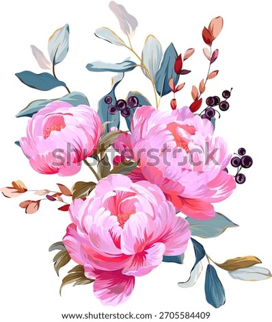 Beautiful vector bouquet flowers. Summer flower peony, forget-me-nots. Pink, bright flowers