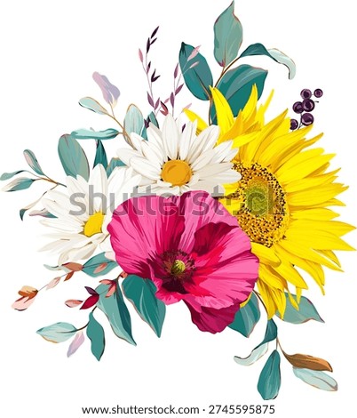 Beautiful vector bouquet of flowers. Summer flowers, vibrant plants. Sunflower bouquet