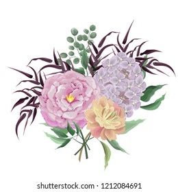 Beautiful vector bouquet. A bouquet of peony, roses and hydrangea. Basil and green leaves. Elements for design. All elements are isolated.