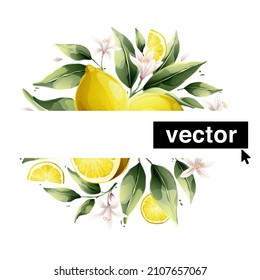 Beautiful vector bouquet with watercolor yellow lemon fruits, leaves and flowers. Perfect for background for greetings, birthdays, mothers day cards.