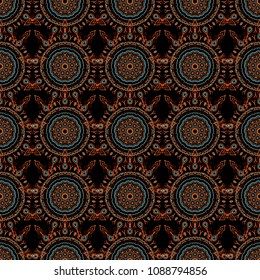 Beautiful vector brown, blue and orange snowflakes isolated on a black background. Falling Christmas stylized snowflakes. Illustration. Snowflakes, snowfall.