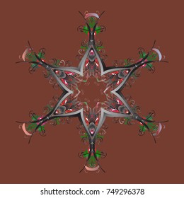 Beautiful vector brown, gray and green snowflakes isolated on a colorful background. Snowflakes, snowfall. Falling Christmas stylized snowflakes. Illustration.