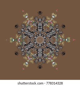 Beautiful vector brown, gray and neutral snowflakes isolated on a colorful background. Snowflakes, snowfall. Falling Christmas stylized snowflakes. Illustration.