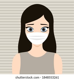 Beautiful vector brunette fashion girl illustration. Lovely proud woman wearing anti covid-19 face mask. 