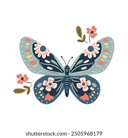 Hermosa mariposa de Vector con flores, ilustración estilo plano