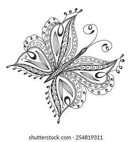 Beautiful vector butterfly. Monochromatic, hand drawn, ornamental, isolated on white. 