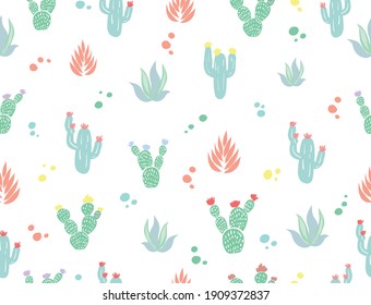 Beautiful vector cactus seamless pattern on white background Different kinds and colors of cactus illustration wallpaper card template or textile fabric background