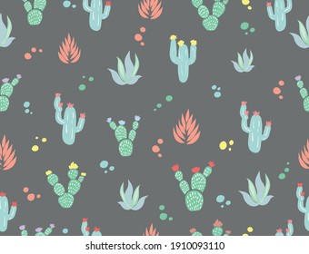 Beautiful vector cactus seamless pattern on grey background Different kinds and colors of cactus illustration wallpaper card template or textile fabric background