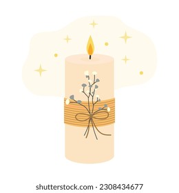 Beautiful vector candle with a decoration of dried flowers. Stylish handmade candle. White isolated background.