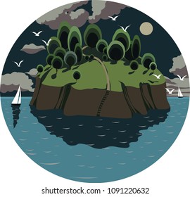beautiful vector card in a circle with a night sea landscape. Mediterranean island with green trees, surrounded by the sea, clouds, seagulls, and a full moon