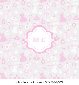 Beautiful vector card with girly things including accessories, cosmetics and clothes, also you'll find empty frame for your text so you can use it for hen party invitation, greeting cards, etc. 