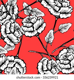 Beautiful vector  card with hand drawn roses isolated on red orange. Vintage style tattoo vector art. Engraving romantic Victorian collection illustration. Print fabric design. Linear decoration.