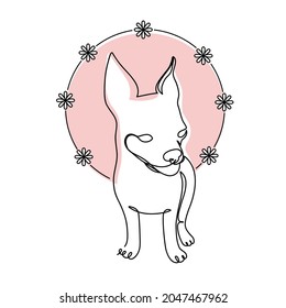Beautiful vector card illustration of cute chihuahua puppy with pink flower circle