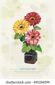 Beautiful Vector card with stylized gerberas in vase. Romantic vintage illustration