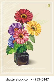 Beautiful Vector card with stylized gerberas in vase. Romantic vintage illustration