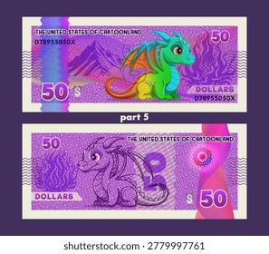 Beautiful vector cartoon banknote. Obverse and reverse. Cheerful, cute rainbow fire dragon toon. Colorful 50 dollars bill. Guilloche, security mesh and hologram. Fifty. Violet fairytale fauna. Purple game coupon. Part 5