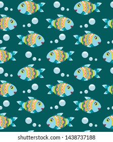Beautiful vector childish seamless pattern with cute fishes on dark green background. Best for fabric and decorative paper
