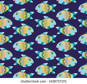 Beautiful vector childish seamless pattern with cute fishes on dark purple background. Best for fabric and decorative paper