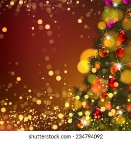 Beautiful Vector Christmas background of de-focused lights with decorated tree 