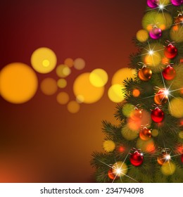 Beautiful Vector Christmas background of de-focused lights with decorated tree 