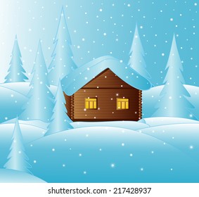 Beautiful vector christmas background with little house in the snowy winter forest