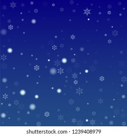 Beautiful vector Christmas blue background with falling snowflakes. Element of Design with Snow for a Postcard, Invitation Card, Banner, Flyer. 