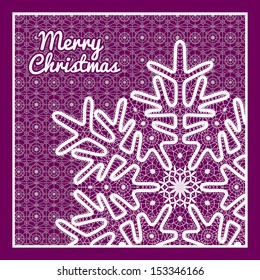 Beautiful vector Christmas card with vintage lace snowflake style handmade lace. Gray lace on a purple background.