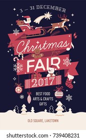 Beautiful vector Christmas Fair poster or banner template with Santa Claus on sleigh and other traditional winter holiday season decorations