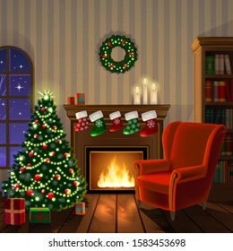 Beautiful vector christmas illustration of a cozy room with fine decorated christmas tree and vintage classic furniture. X-mas garlands, soft candle light, warm fireplace, present boxes. Square card