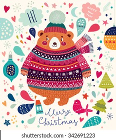 Beautiful vector Christmas illustration with cute Bear. Merry Christmas card. Stylish illustration