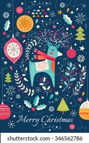 Beautiful vector Christmas illustration with deer. Merry Christmas card. Stylish Christmas postcard