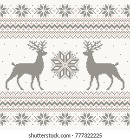 Beautiful vector Christmas knitted sweater nordic ornament design with pixel deer