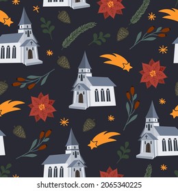 Beautiful vector Christmas seamless pattern with poinsettia, church and comet 