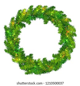 Beautiful vector Christmas wreath made of green fir tree branches with shiny sparkles isolated on white background. Traditional Xmas garland for holiday designs, banners, flyers, invitations, etc.