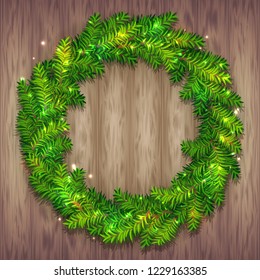 Beautiful vector Christmas wreath made of green fir tree branches with shiny sparkles on wood background. Traditional Xmas garland for holiday designs, banners, flyers, invitations, etc.