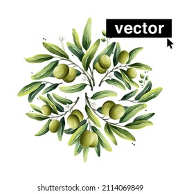 Beautiful vector circle bouquet with Mediterranean olives berries, green leaves, flowers, buds, and branches. Perfect for background for greetings, birthdays, mothers day cards.