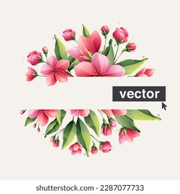 Beautiful vector circle frame with watercolor Sakura blooming flowers. Vector realistic style. Pink cherry blossom, bud, and leaves. Perfect for wedding invitations, greeting cards, Mother's Day.