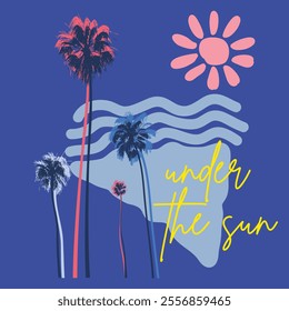 Beautiful Vector circle Illustration Tropical Palm tree and mountain Design for T-shirt and all Graphic type Summer Fashion Design with Typography California