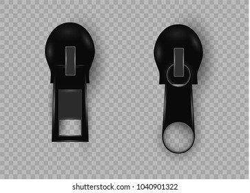 Beautiful vector closed and open zip detail, buckle. Fastens with a zipper.metal accessories on clothes.vector illustration.