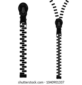 Beautiful vector closed and open zip detail, buckle. Fastens with a zipper.metal accessories on clothes.vector illustration.