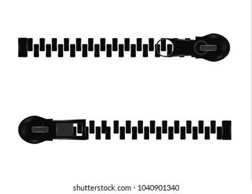 Beautiful vector closed and open zip detail, buckle. Fastens with a zipper.metal accessories on clothes.vector illustration.