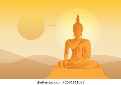 beautiful Vector of Closeup golden Buddha statue enlightenment on shadow light background or Makha, Visakha, Asarnha Bucha, Visak and buddhist lent day. the religion festival in Thailand and Asia.