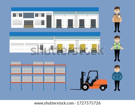 The beautiful vector of cold storage warehouse set included front view warehouse, racking shelf, forklift and worker carrying box, wear safety jacket and wear winter coat sweater on blue background